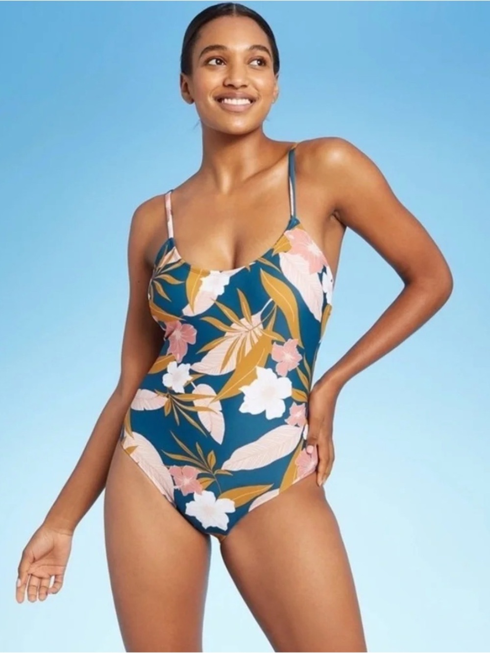 Target Teal Floral One-Piece Swimsuit with Pink & White Accents